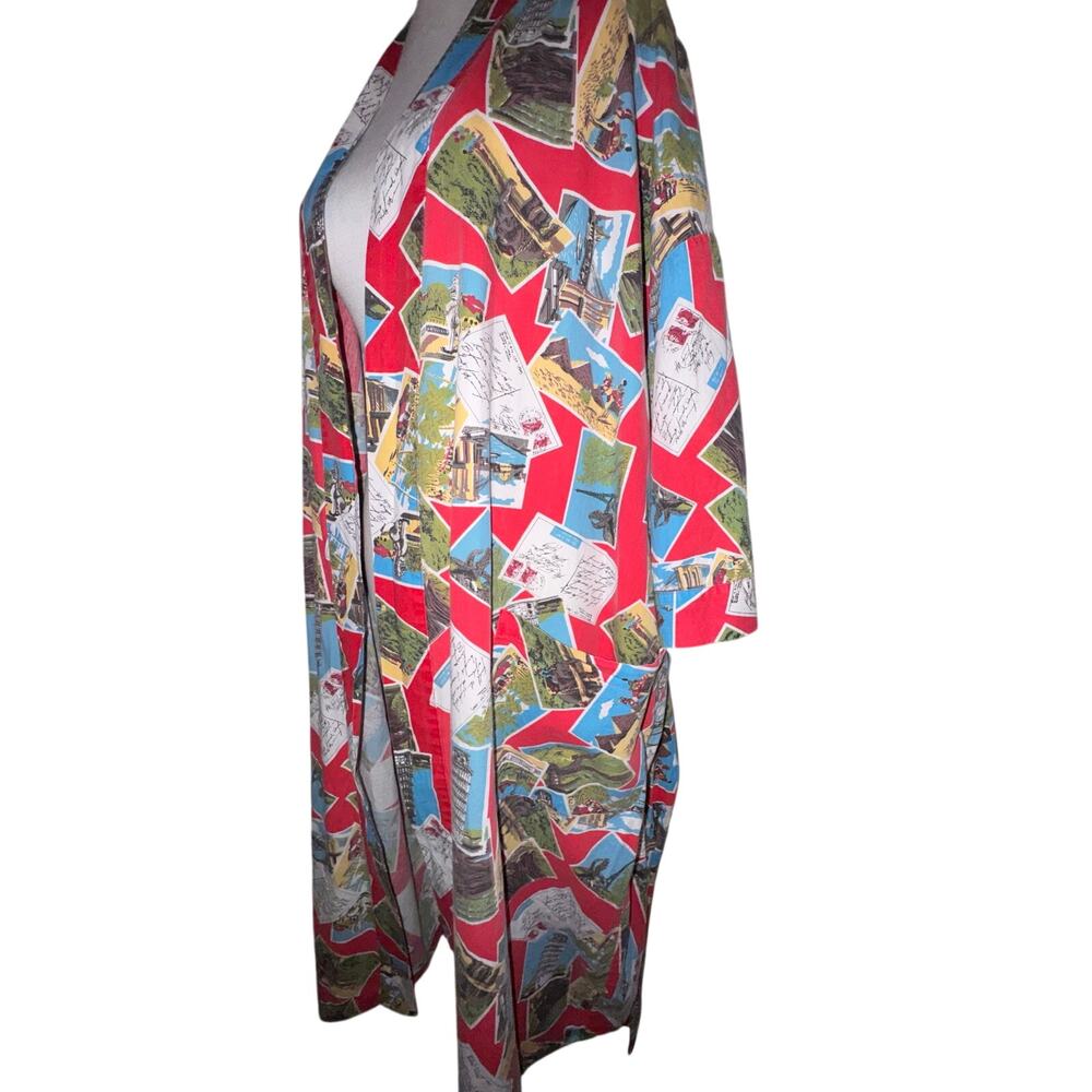 Vintage Perry Ellis Travel Postcard Print Kimono Robe 100% Cotton OSFA Belted